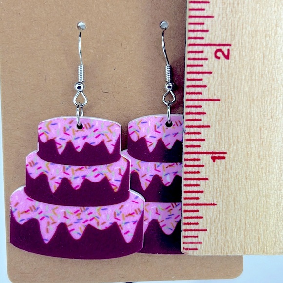 Birthday Cake Drop Earrings Fun Acrylic - Picture 2 of 2